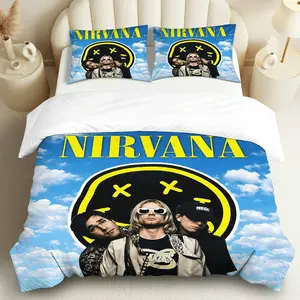 3PCS Duvet Cover Set, 1 Duvet+2 Pillowcases(Without filler), Nirvana Iconic Band Music Cloud Sky theme, Anniversary bedding set, Rock Band Motivational Stylish Suitable for decoration Bedroom Dorm Music Room Studio.