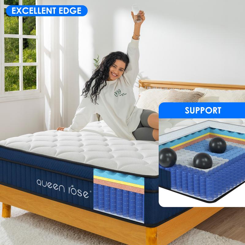 QueenRose Hybrid Mattress in a Box 10/12/14 Inch Individual Pocket Coils Memory Foam Queen/King Bed Firm Support Relieve Back Pain Easy Setup Outdoorfun Sleep Well, Excellent gift for Christmas and New Year
