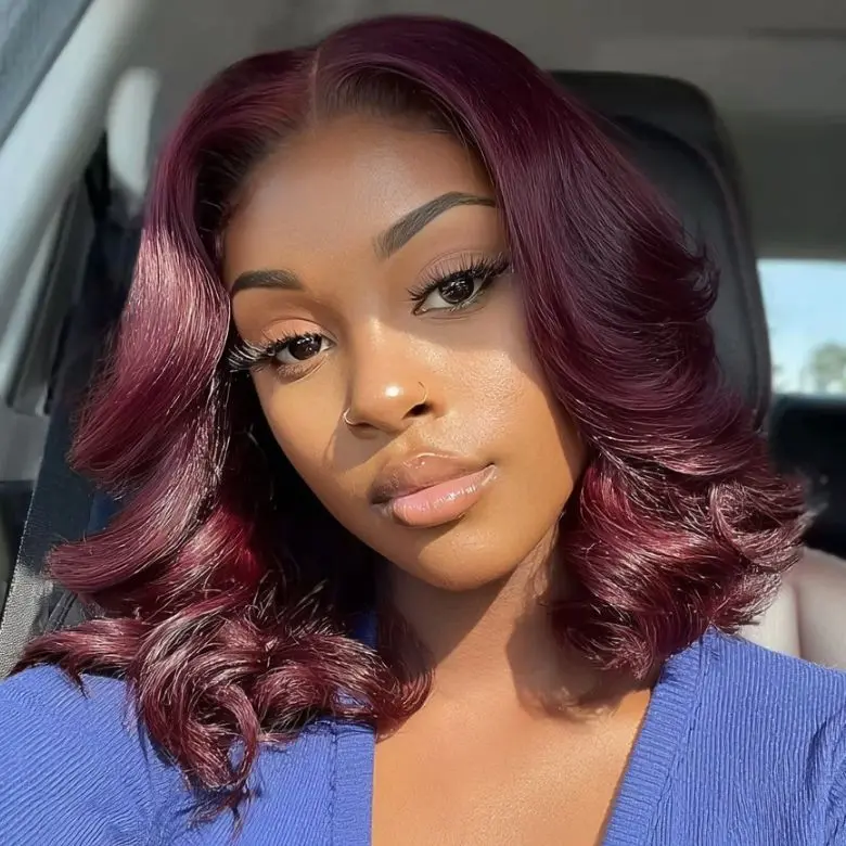 UNice 7x5 250% Black Cherry Body Wave Bob Wig with Curtain Bangs Glueless Human Hair Wigs with Drawstring