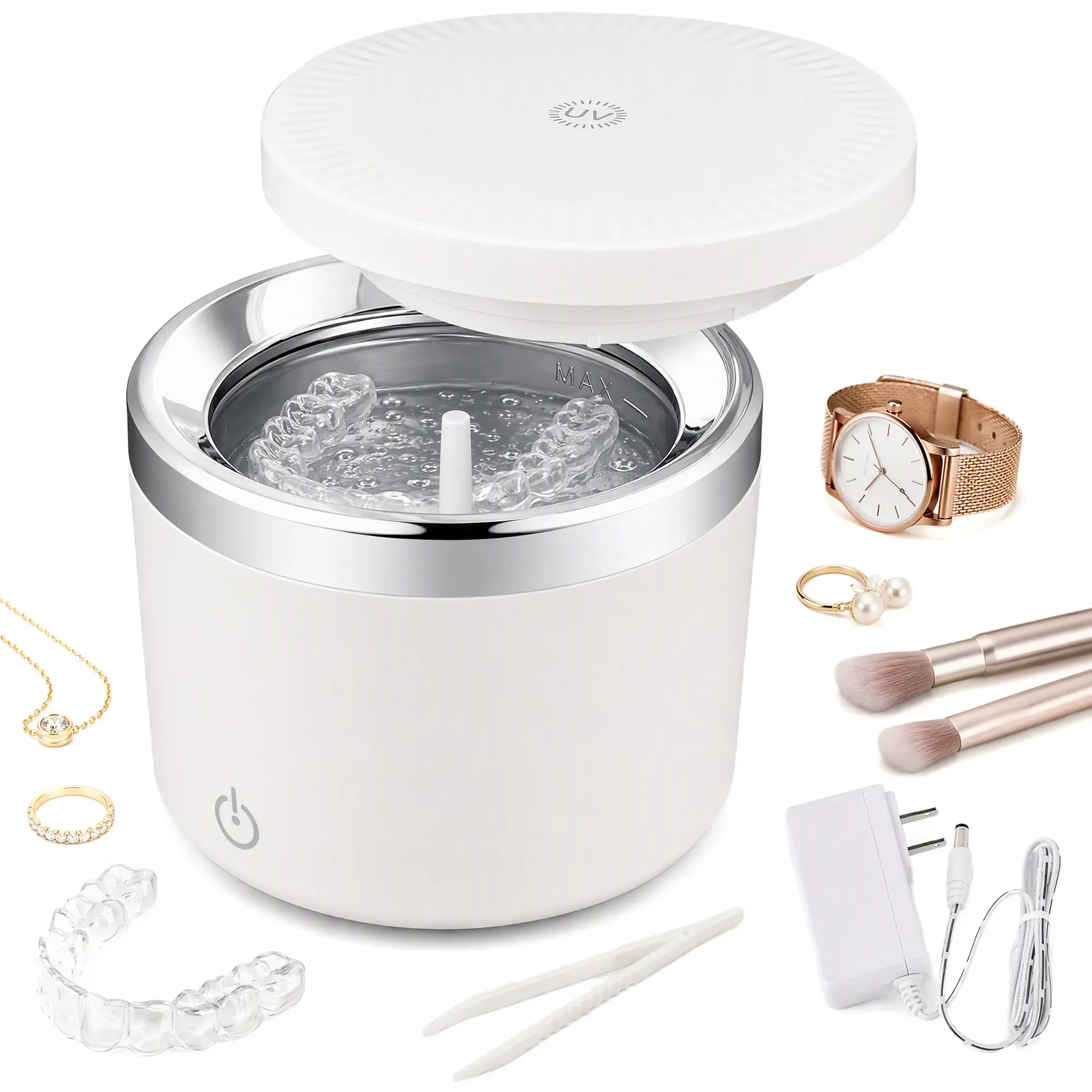 SUSTEAS 200ml White Ultrasonic Cleaner - 2 Styles: Round UV Sanitization (2 Timers), Square Touchscreen UI (5 Timers) - 1-Touch Start, Cleaning Basket, Compact Shape, Waterproof Automatic Portable Home Sterilizer for Small Items