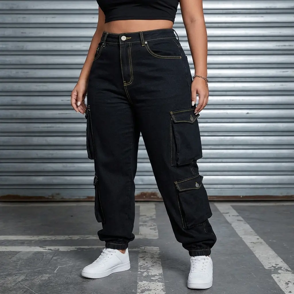 Women's Plus-Size Basics Cotton-Elastane Modest Tapered Denim Cargo Jogger Trousers - Cropped Bottoms with Zipper Fly, Flap Pockets, Vintage Black Wash, Trouser