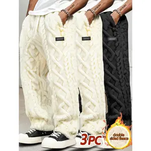 3-Pack Men's Double Sided Fleece Pants, Men's Warm Fuzzy Sweatpants, Men's Sherpa Lined Lounge Pants, Men's Winter Warm Trousers, Men's Plush Wide Leg Pants
