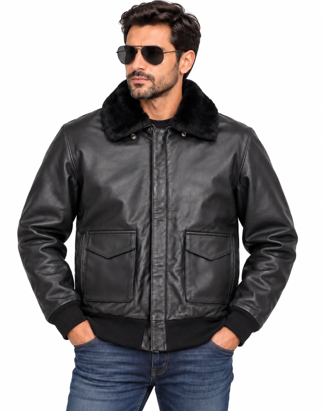 Men’s Genuine Cowhide Leather Aviator Bomber Jacket –  Detachable Real Sheepskin Fur Collar  (Charlie-C)