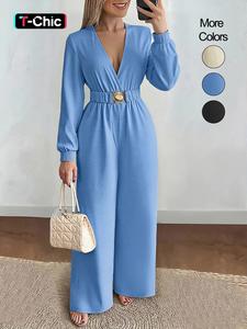 women's long sleeve v neck sexy solid color elastic waist wide leg jumpsuit, casual loose fit summer, comfortable & stylish