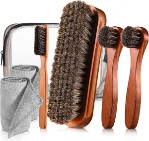 7pcs Horsehair Shine Shoes Brush Kit Polish Dauber Applicators Cleaning Leather Shoes Boots Care Brushes Suede Cleaner Brush with Microfiber Shoe Cloth