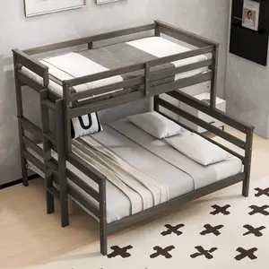 Wood Twin XL over Queen Bunk Bed with Ladder, for Kids Teens Adults, Grey