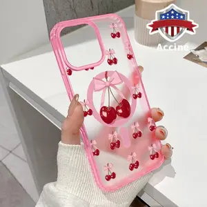 Magnetic Phone Case Supports Wireless Charging for iPhone 16 Pro Max 15 Plus 14 13 12 11 XR XS E Playful Bow Cherry Pattern Shockproof Durable ultra-thin Crystal Transparent Protective Cover