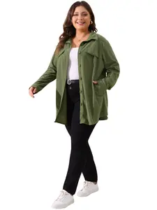 Agnes Orinda Plus Size Corduroy Shacket Jackets for Women Button Down Shirts Pocket Long Sleeves Tops Jacket