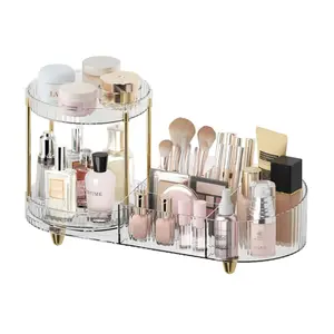 Acrylic Rotating Makeup Organizer Countertop Vanity Tray - 5 Divided Compartments, Smooth Multi-Purpose Storage for Cosmetics, Skincare, Perfumes, Brushes - Ideal for Bathroom, Bedroom Counter, Gift, Decoration
