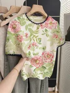 1 piece + French Retro Loose Round Neck Elegant Short Sleeve Contrast Trim Beige Women's Multicolor Contrast Floral Print Spring and Summer Knitted Top, Summer Top, Summer Casual Wear, White Top, Casual Top, Knit Top, Sweater Top, Women's Knitted Sweater