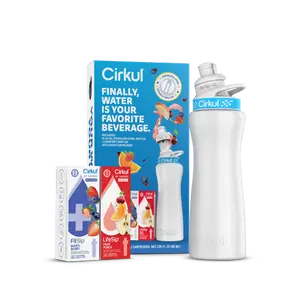 Cirkul 22oz. White Stainless Steel Water Bottle Starter Kit with Blue Lid, 2 Flavor Cartridges (1 LifeSip Fruit Punch and 1 FitSip Mixed Berry), Zero Calories and No Sugar