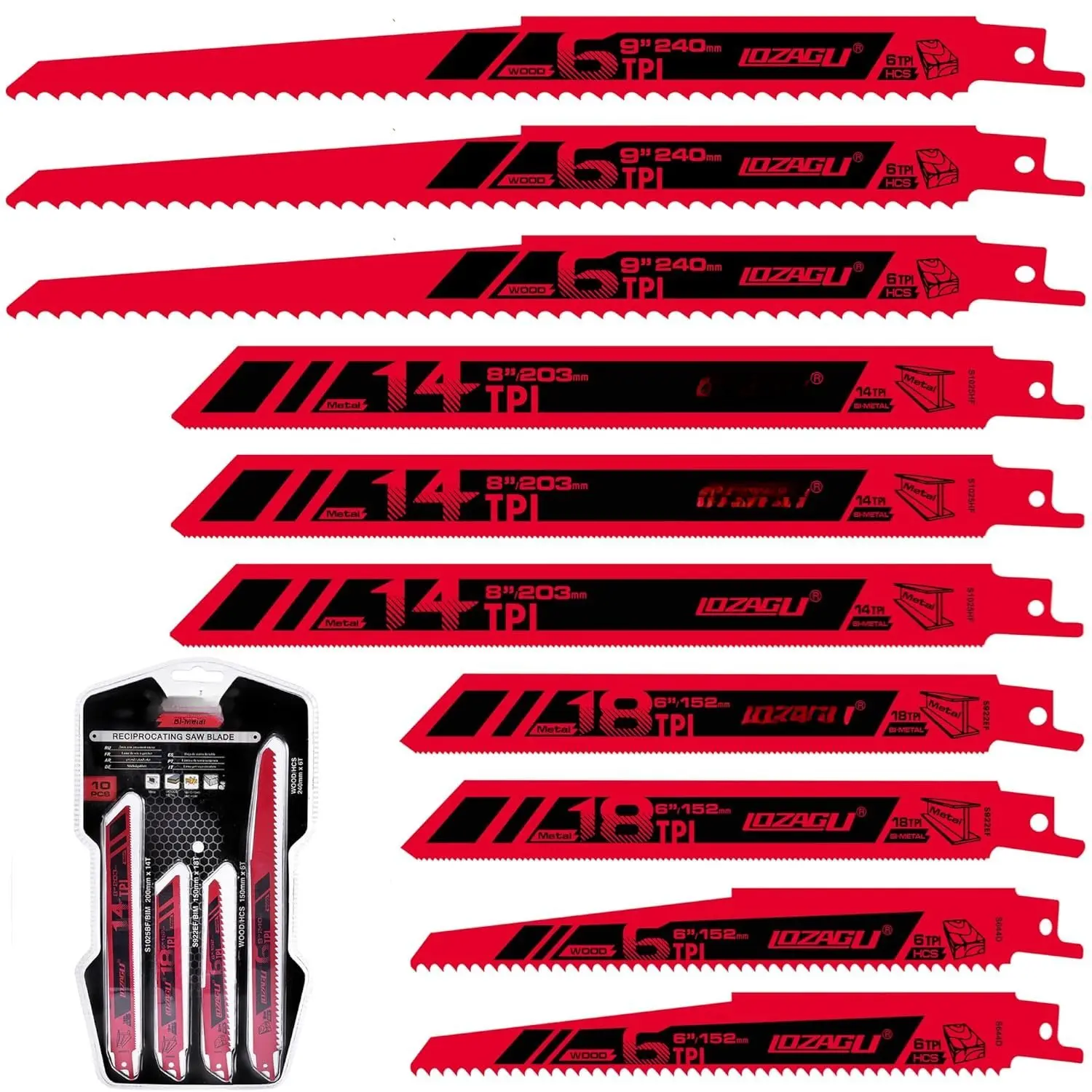 10-Piece Reciprocating Saw Blade Set, Multi-Size 6 to 9 Inch Carbon Steel Blades for Construction Cutting Tasks, Metal/Plastic/Wood Cutting, Pruner & Chip Applications, 1.5-4Mm