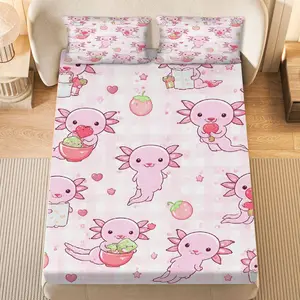 3Pcs Kawaii Axolotl Strawberry Ice Cream Fitted Sheet Three Piece Set (1*Fitted Sheet+2*Pillowcases, Coreless), Cute theme,  Bedding Set, Mattress protector Soft, Breathable