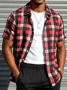 Men's Red Black Plaid Short Sleeve Button-Up Casual Fashion Shirt, Ultra-Soft Breathable Fabric, Relaxed Fit for At-Home Lounging, Indoor Wear & Lazy Weekends