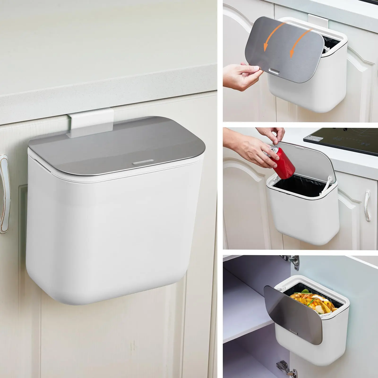 Garvee 1.8 to 2.4 Gallon Stainless Steel Hanging Compost Bin with Lid, Suitable for Kitchen Countertops, Under Sink, Cupboard, Bathroom, Bedroom, Office, and Camping Use, Odor-Proof and Compact Design