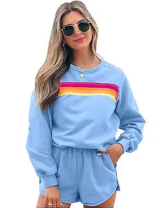 Beau Blue Color Block Stripes Elastic High Waist Active Shorts for Women 85% Polyester 10% Cotton 5% Elastane Comfortable Workout Yoga Lounging Bottom - Womenswear Everyday Soft Fit Basic Minimalist