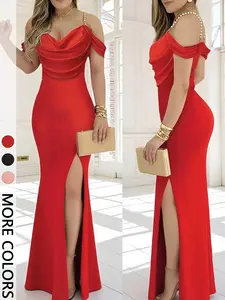 Women's Off-Shoulder Long Dress with Slit, Ruched Tight Fit Formal Evening Gown, Valentine's Day, Spring & Fall Casual Style, Elegance
