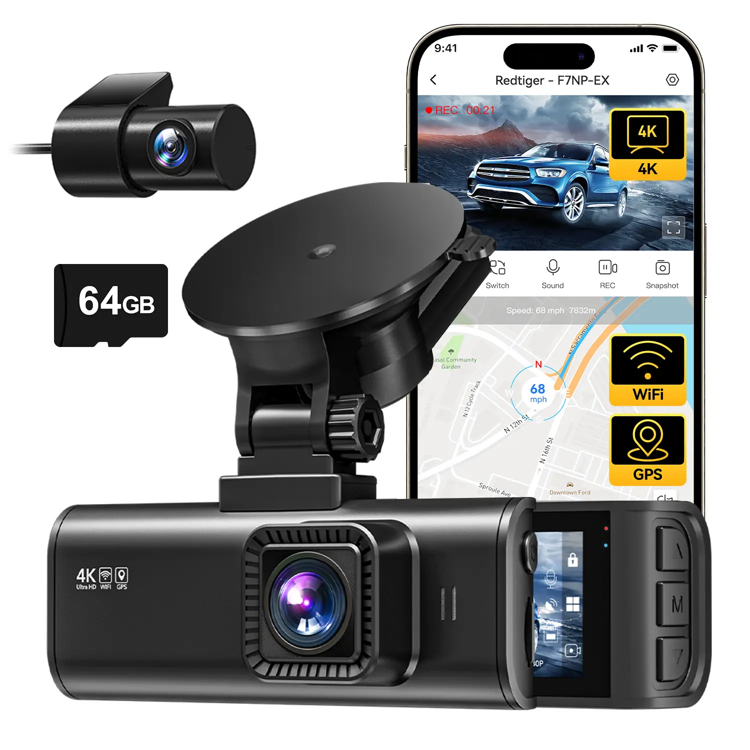 【FathersDayGift】REDTIGER F7NP-EX (New Upgrade) 4K Front Rear Dash Cam with Free 64GB Card 3.16" IPS Screen Night Vision 170° Wide Angle WDR GPS DVR for Auto Vehicle Holiday Haul Summervibes