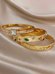 3pcs Set Gold Plated Stainless Steel Zircon Bracelets, Stackable Elegant Bangles with Multi-Color Stones & Starburst Designs, Durable Fashion Jewelry for Daily Wear & Gifting, Rhinestone Decorated Bracelet