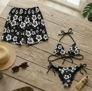 [Hot Summer 2026] - Hawaiian Shorts & Bikini Set – Summer 2026 Couple Matching Black Floral Swimwear