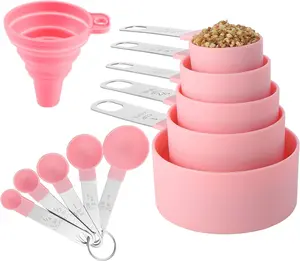 Measuring Cups and Spoons Set Kitchen Gadgets 10 Pieces, Stackable Stainless Steel Handle Measuring Cups for Measuring Dry and Liquid Ingredient (Pink)