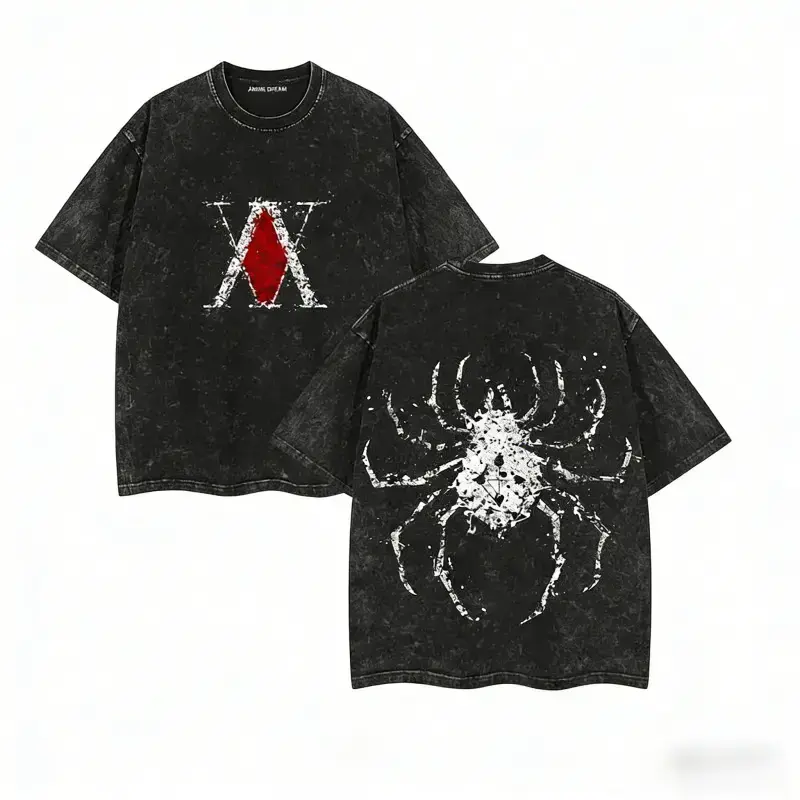 Phantom Troupe Spider Anime Graphic HxH Phantom Troupe Graphic T-Shirt, Men's Vintage Washed Heavy Cotton Top with Double-Sided Print, Unisex Casual Oversized Fit, Men's T Shirts, Valentines Day, Holiday Gathering, Chic, Lightweight, Loose-Fitting, Machin