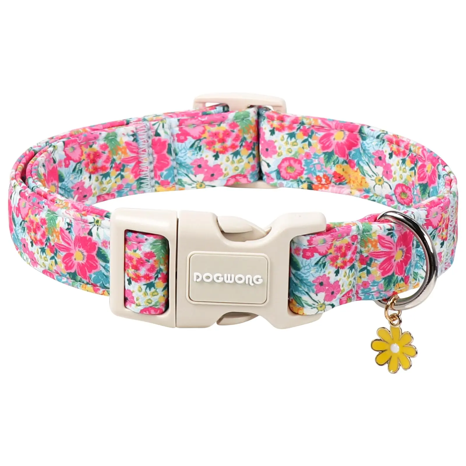 DOGWONG Adjustable Cotton Dog Collar - Non-Customized, Cute Spring Floral Pattern, Soft, Detachable, Easy-Adjust Roll Buckle, XS Size for Small Female Dogs, All-Day Wear Pet Accessory, Adjustable Collars, Floral Daisy