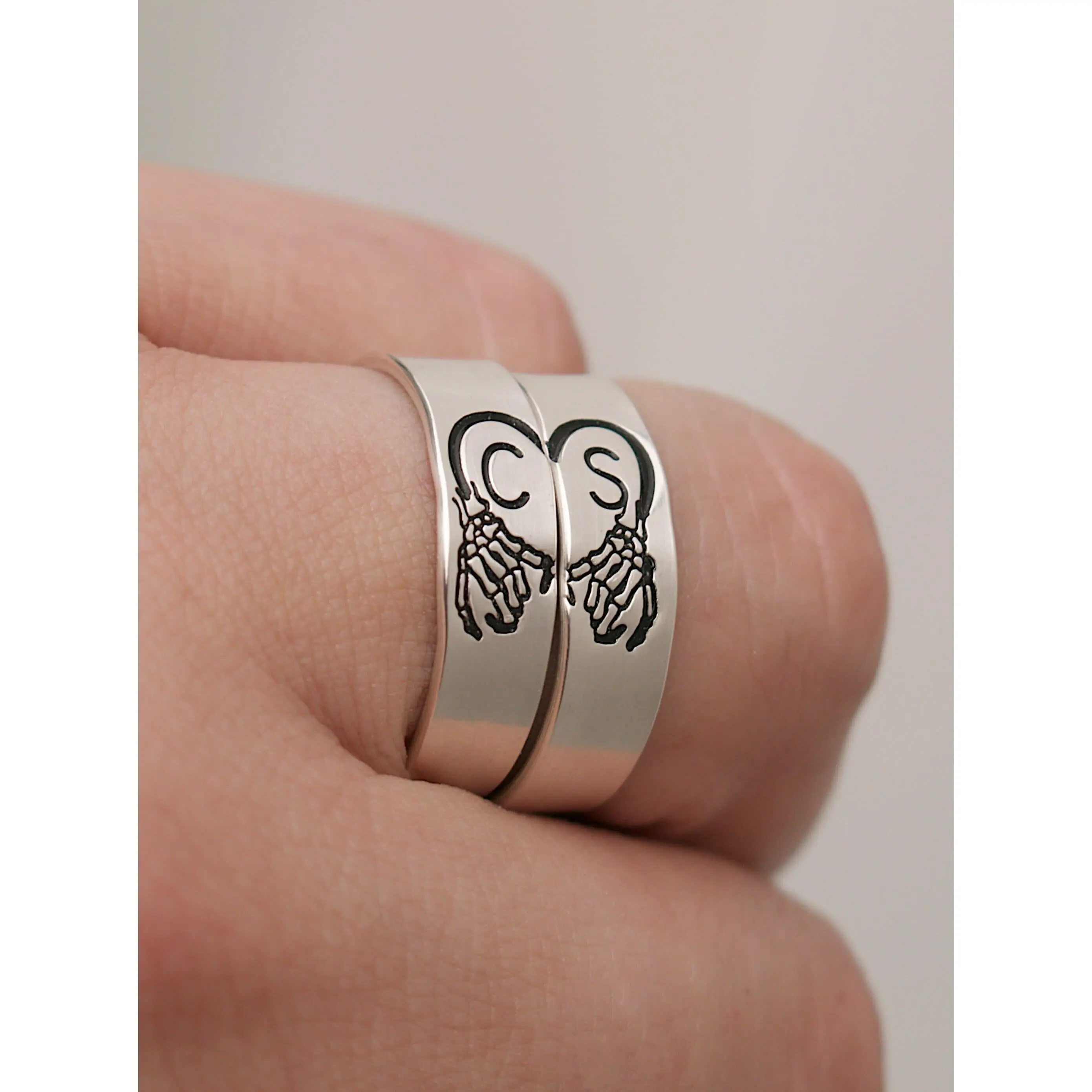 Skeleton Pinky Promise Couple Initial Ring Set