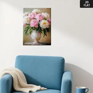 2D Flat, Pink & White Peonies in Vase Framed Canvas Wall Art - Marble-Like Table Floral Painting with Beige Wood Frame, Wrapped Canvas Print for Living Room, Bedroom, Bathroom Decor - Elegant Botanical Flower Painting, Easy to Hang (No) Gift, 2D Flat	