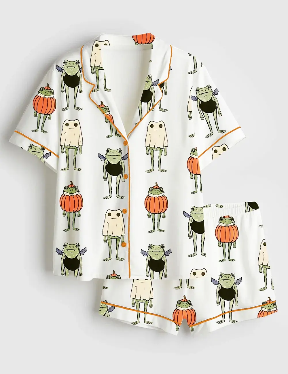 Halloween Frogs Spooky Cute Toad And Frog In Pumpkin Ghost And Bat Short and Long Sleeve Pajama Set, Sleepwear for Women