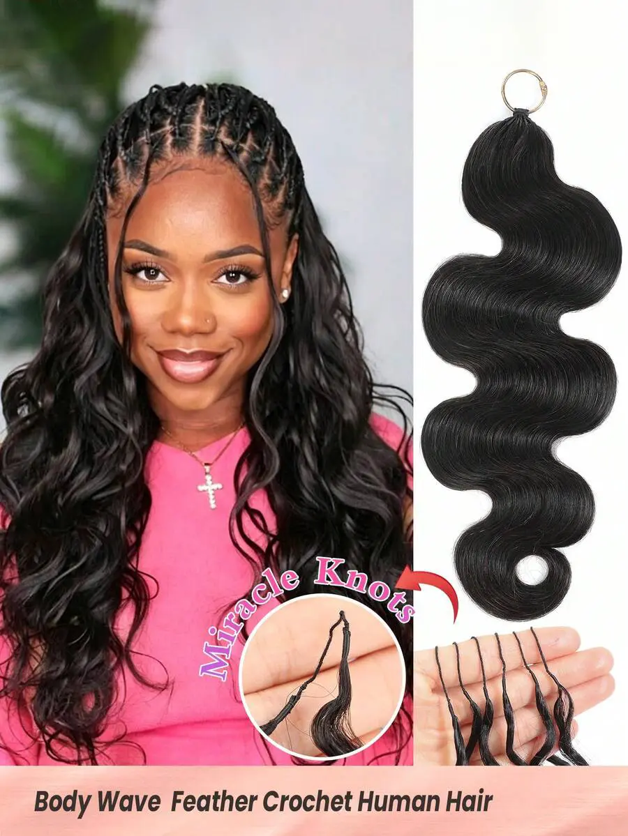 Women's Knotless Body Wave Crochet Human Hair Extensions, Pre-Separated Feather Line, Natural Color, 50g/Pack Real Wavy Hair Extensions, Real Hair Extensions, Wavy Human Hair