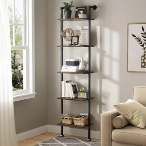 5-Tier Ladder Shelf, Tall Narrow Bookcase for Small Spaces, Book Storage Organizer Case for Living Room, Home Office, Study, Industrial Style Black Metal Frame and Rustic Brown Shelf