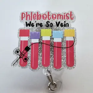 Phlebotomist We're So Vein with Blood Collection Vacutainers and Butterfly Needle Glitter Acrylic Retractable Badge ID Reel Belt or Alligator Clip