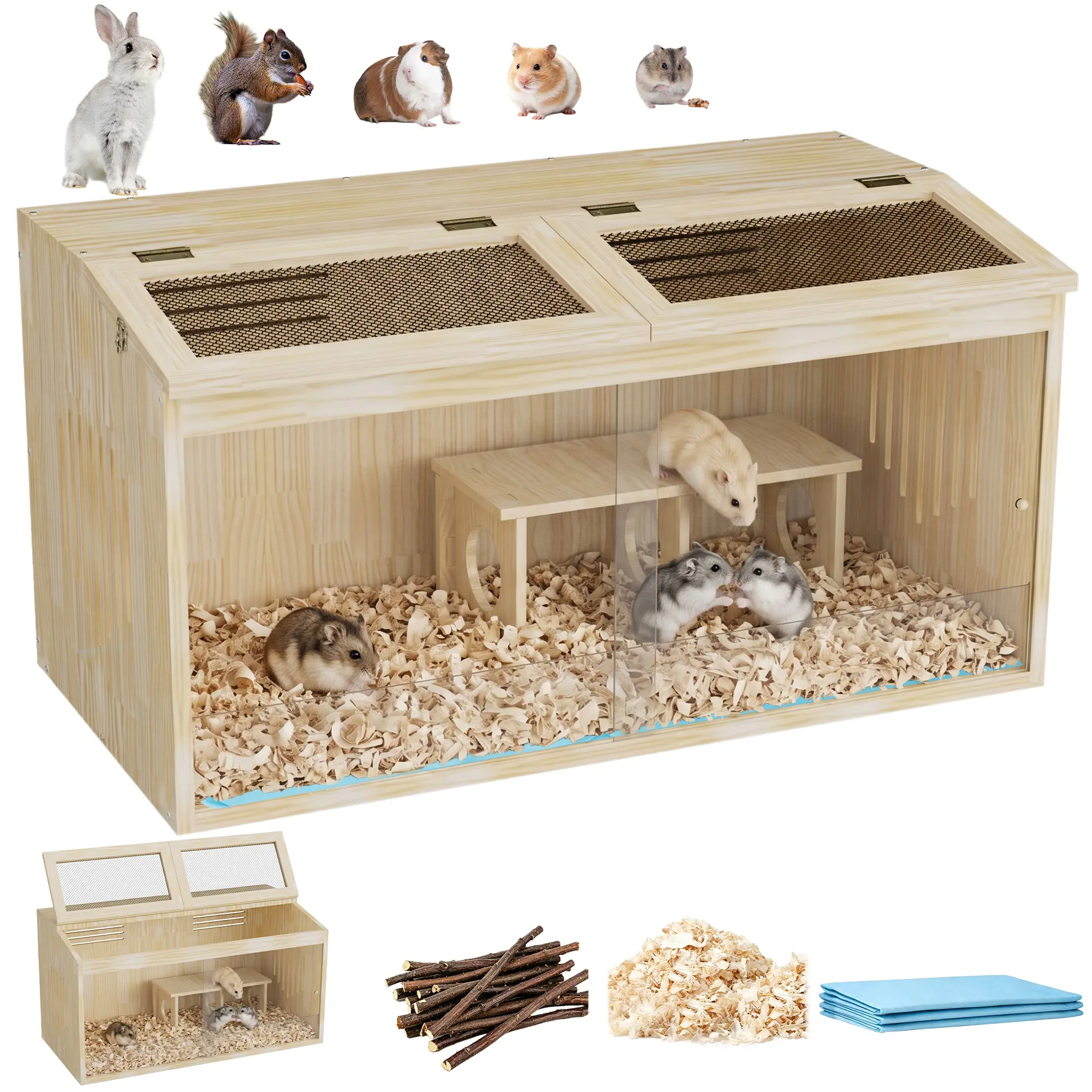 Wooden Hamster Cage with Toys and Bedding 32"x16" Guinea Pig Cages with Openable Top & Acrylic Front Door Large Ventilated Small Animal Cage for Hamster Rabbit Guinea Pig Hedgehog Rat