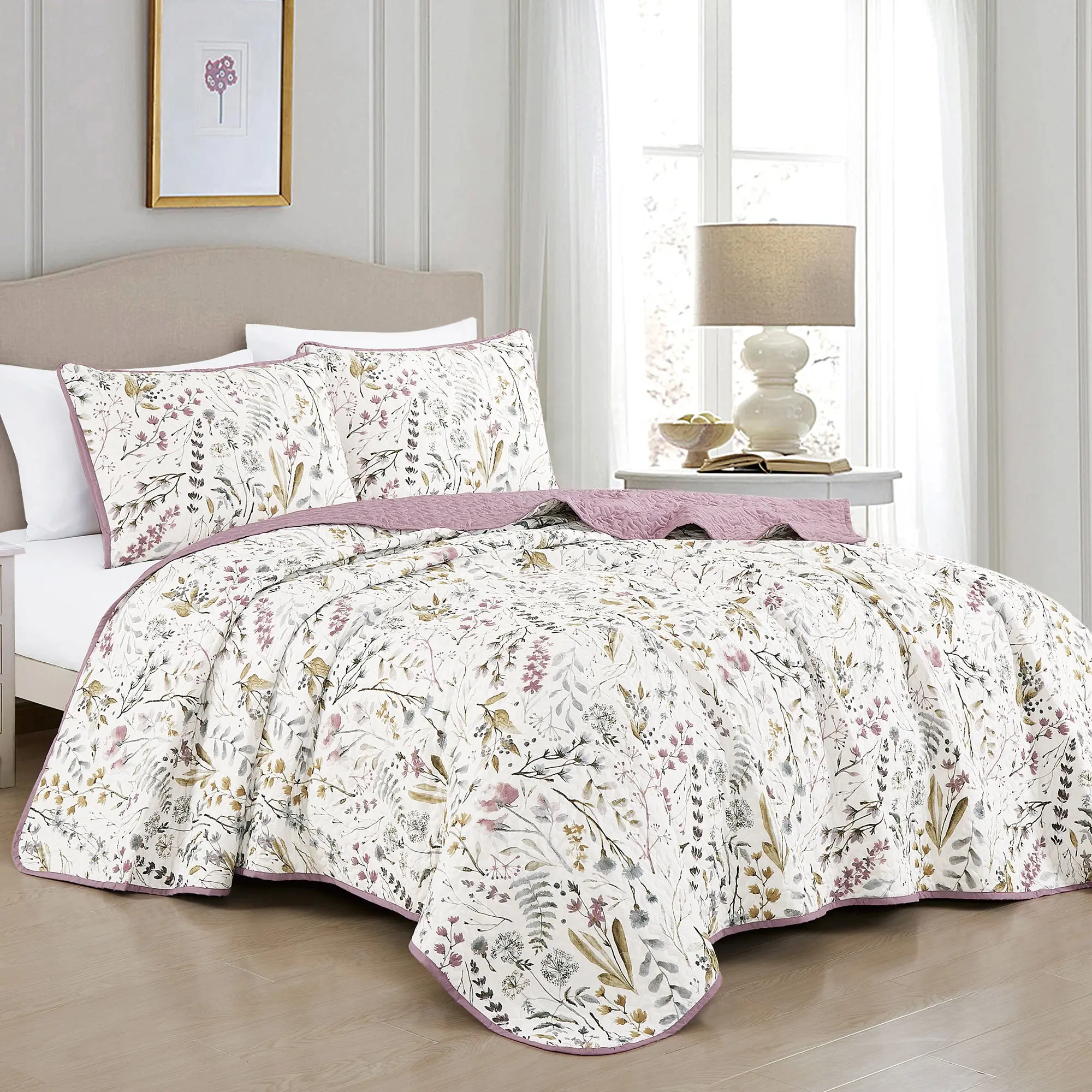3-Piece Reversible Lightweight Floral Bedding Set - Gold Neutral Pastel Print Quilt, Pink Floral Duvet, 2 Breathable Durable All-Season Pillow Shams
