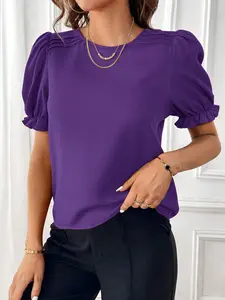 A women's solid color Purple Minimalist round neck lantern sleeve shirt top blouse Lady womenswear, suitable for summer, daily commuting, casual wear, and loungewear.