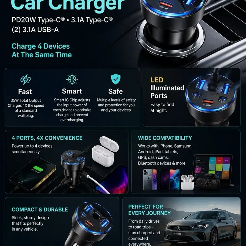 Max Charge 4-Port PD Fast Car Charger - 20W USB-C Quick Charge Adapter for iPhone, Samsung Devices