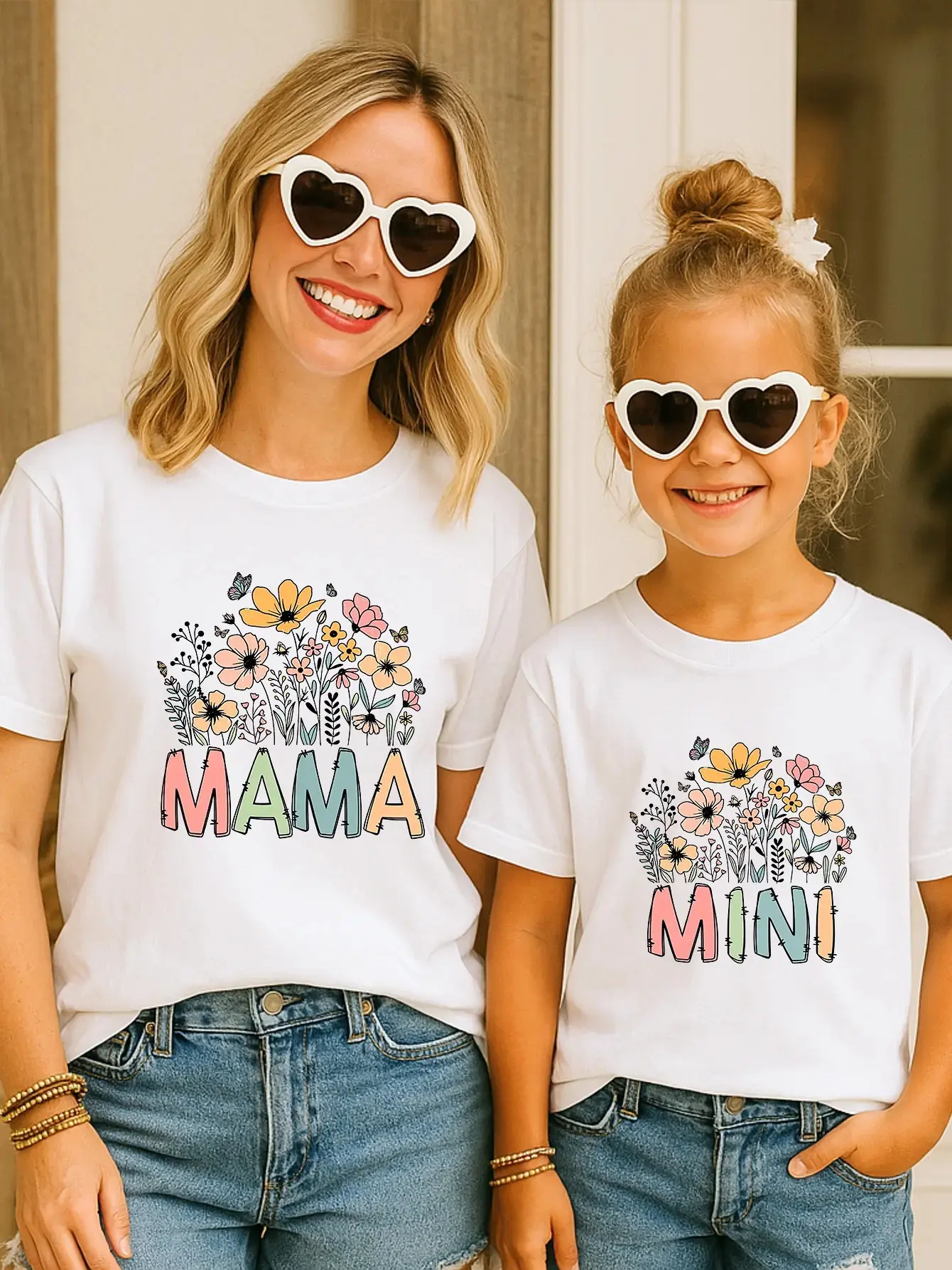 Matching Graphic Tee Set for Mother and Daughter, Cute Cotton Crew Neck Tops with Retro Floral Mama and Mini Print for Family Outfits, Cute Cotton Tee, 3-4Y, 2-3Y, 11-12Y, Year-Round, 4-5Y, 5-6Y, 6-7Y