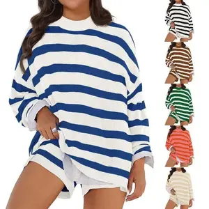 Women’s plus-size casual striped knit two-piece sets: sweater long-sleeve top and shorts; oversized solid-color ruffle trim set; women’s hoodie and tracksuit set; patch-detail sweatshirt set; halter-neck tank and wide-leg pants set.