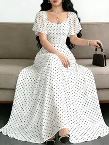 🌸 Polka Dot Square Neck Maxi Dress With Cap Sleeves, Elegant Summer Vacation Look.
