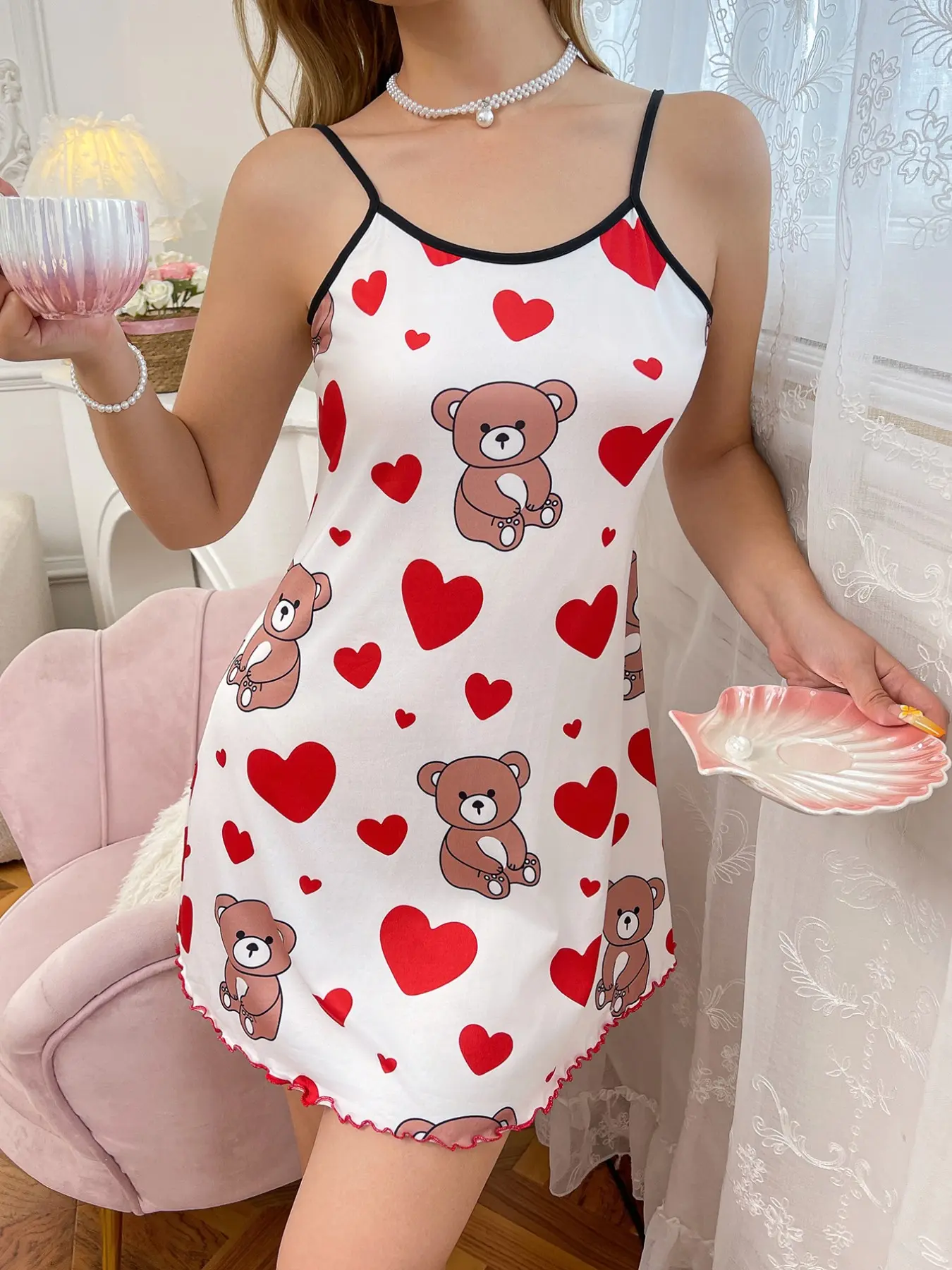 Women's Sleeveless Heart Pattern Bear Motif Love Cute Bear Sleepwear Set, Loungewear, Comfortable Fit Nightgown & Pajama Suit, Pjs, Ideal for Cozy Nights at Home, Womenswear