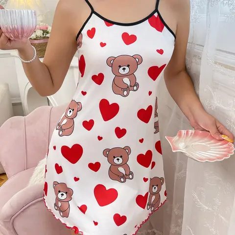 Women's Sleeveless Heart Pattern Bear Motif Love Cute Bear Sleepwear Set, Loungewear, Comfortable Fit Nightgown & Pajama Suit, Pjs, Ideal for Cozy Nights at Home, Womenswear