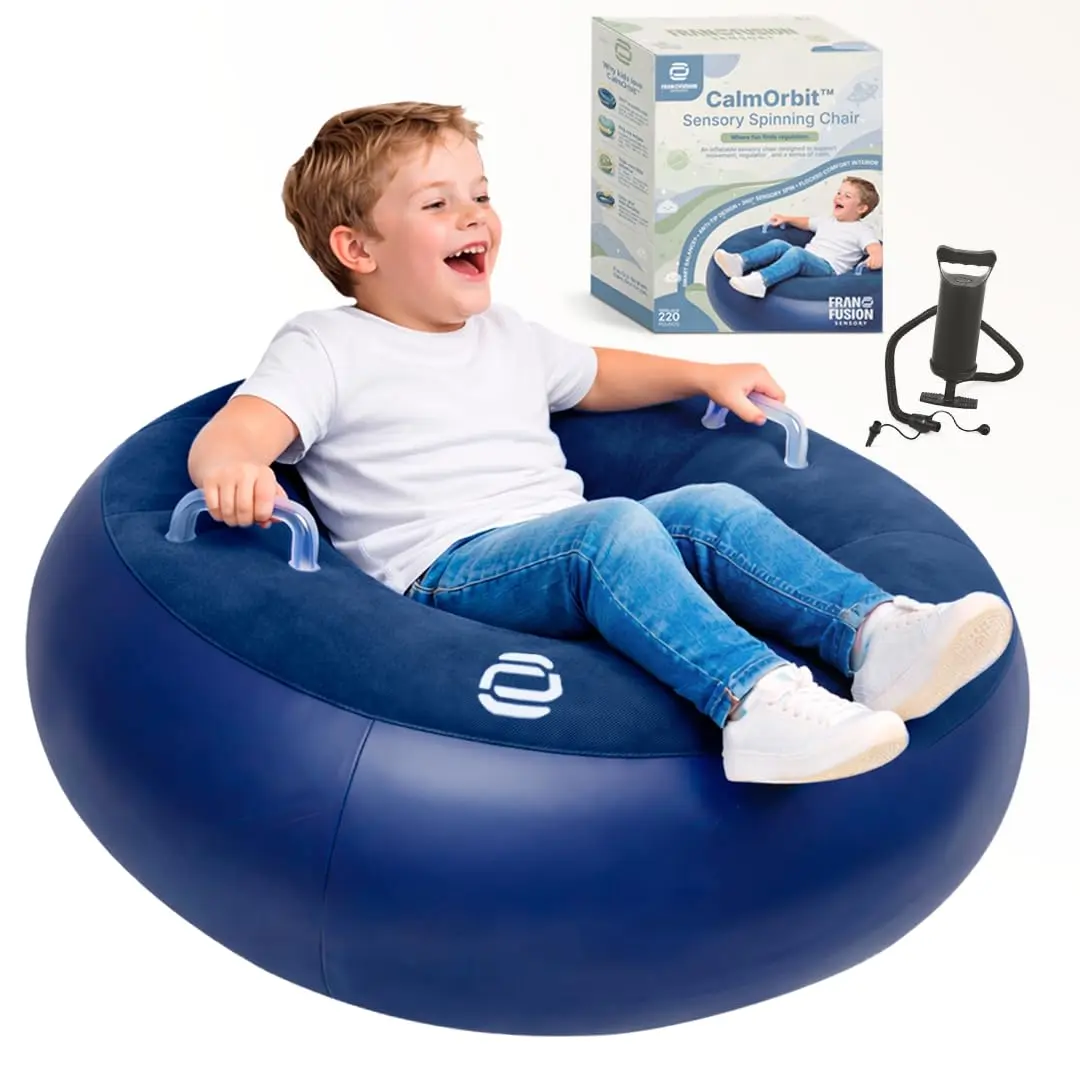 CalmOrbit Inflatable Sensory Spinning Chair for Kids, Sensory Toys for Kids with Autism & ADHD, Giftable 360 Spin Rocking Chair, Kids Sensory Chair, Autism Sensory Products for body coordination, Blue