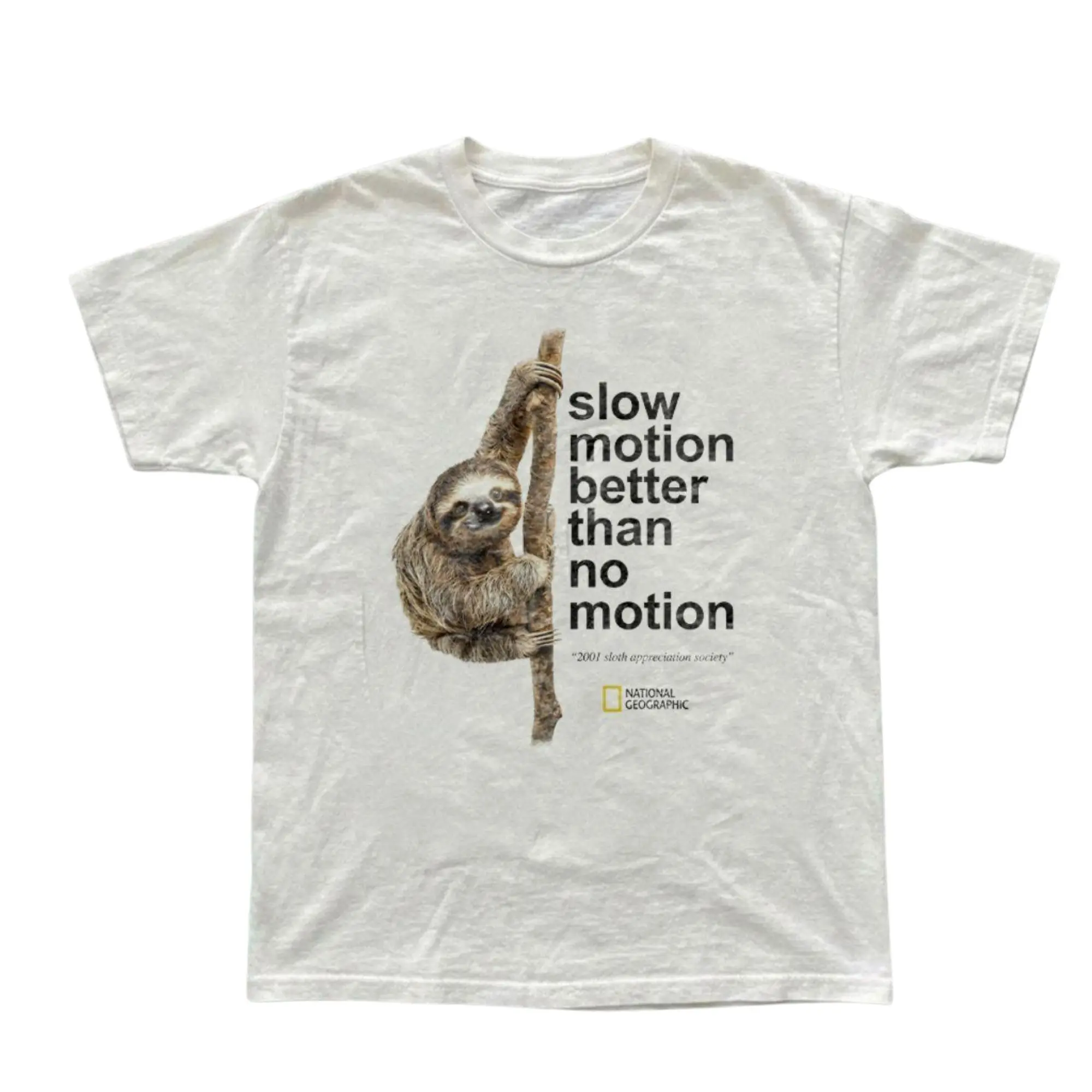 National Geographic Sloth Slow Motion Graphic T-Shirt, Realistic Wildlife Photography of Tree Climbing Sloth with Inspirational Quote, Unisex White Streetwear Tee, Nature Fan Outfit