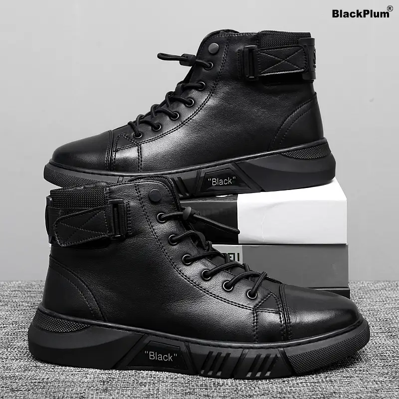 BlackPlum 2026 Men's Streetwear Adjustable Leather High-Top Boots Cuban Heel Round Toe Full-Grain Leather Casual Winter Footwear Closed Boy Walking Sh