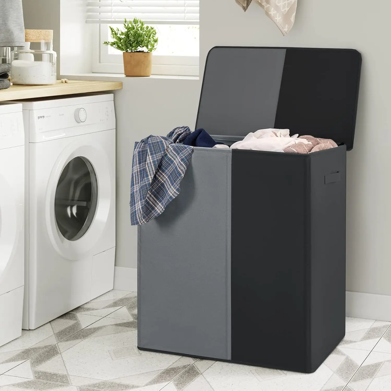 WOWLIVE Double Laundry Baseket with Lid and Removable Laundry Bags,154L Large Laundry Hamper 2 Section Collapsible Dirty Clothes Hamper for Laundry Room,College Dorm,Bathroom, Black and Grey