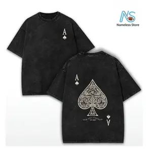 Retro Washed T-Shirt Double Sided Printed (230 Pure Cotton T-Shirt) 'LUCK AND STRENGTH'  Letter And Ace Of Spades Pattern Print, Men's T-Shirt, Men's Casual, Comfortable, Fashionable T-Shirt, Street Style Cotton