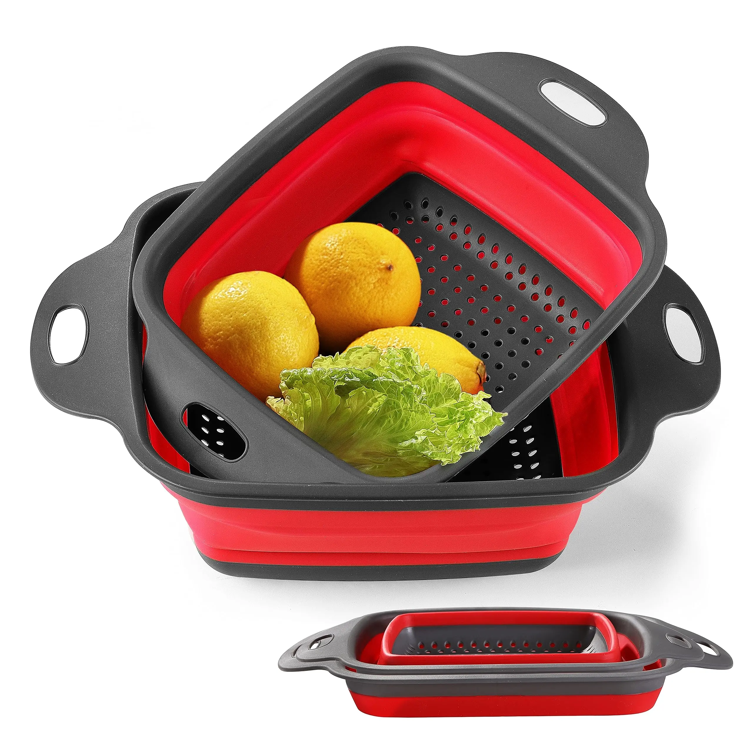 Collapsible Silicone Colander Set (2-Piece) - Kitchen Utensils with Holes, Collapsible Strainers for Kitchen, Ideal for Draining Pasta, Vegetables (Green, Travel-Friendly)