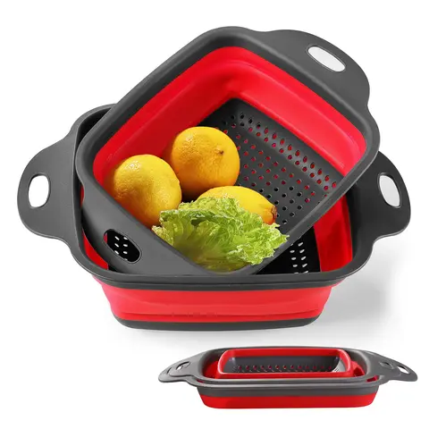 2-Piece Food-Grade Collapsible Silicone Colander Set - Ergonomic Handles, Draining Holes, TPE+PP, Space-Saving for Small Kitchens/RVs, Dishwasher Safe, Durable, Eco-Friendly Fruit Strainer Camping Accessory