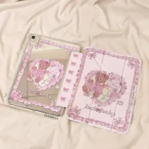 Lolita Style Luckybaby Bear Rabbit iPad Case, Multi-Angle Foldable Stand, Mirror Anti-Drop Protective Back Cover with Pen Slot, Fits iPad 10/9/8 Gen, Pro 11", Air 3/4/5